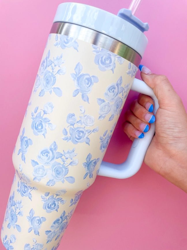 Cream & Blue Floral Print 40oz Tumbler - Styled by Ashley Brooke