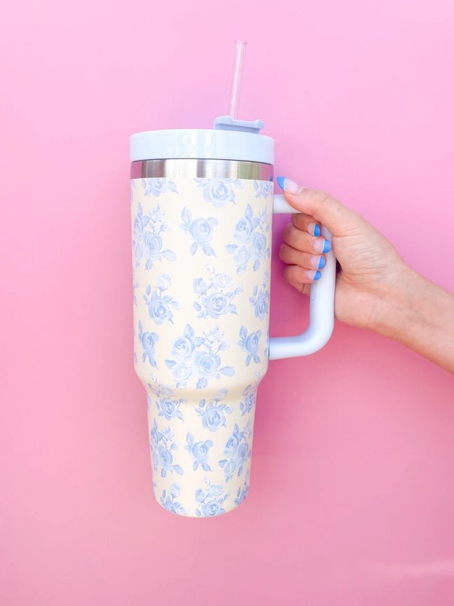 Cream & Blue Floral Print 40oz Tumbler - Styled by Ashley Brooke