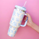 Cream & Blue Floral Print 40oz Tumbler - Styled by Ashley Brooke