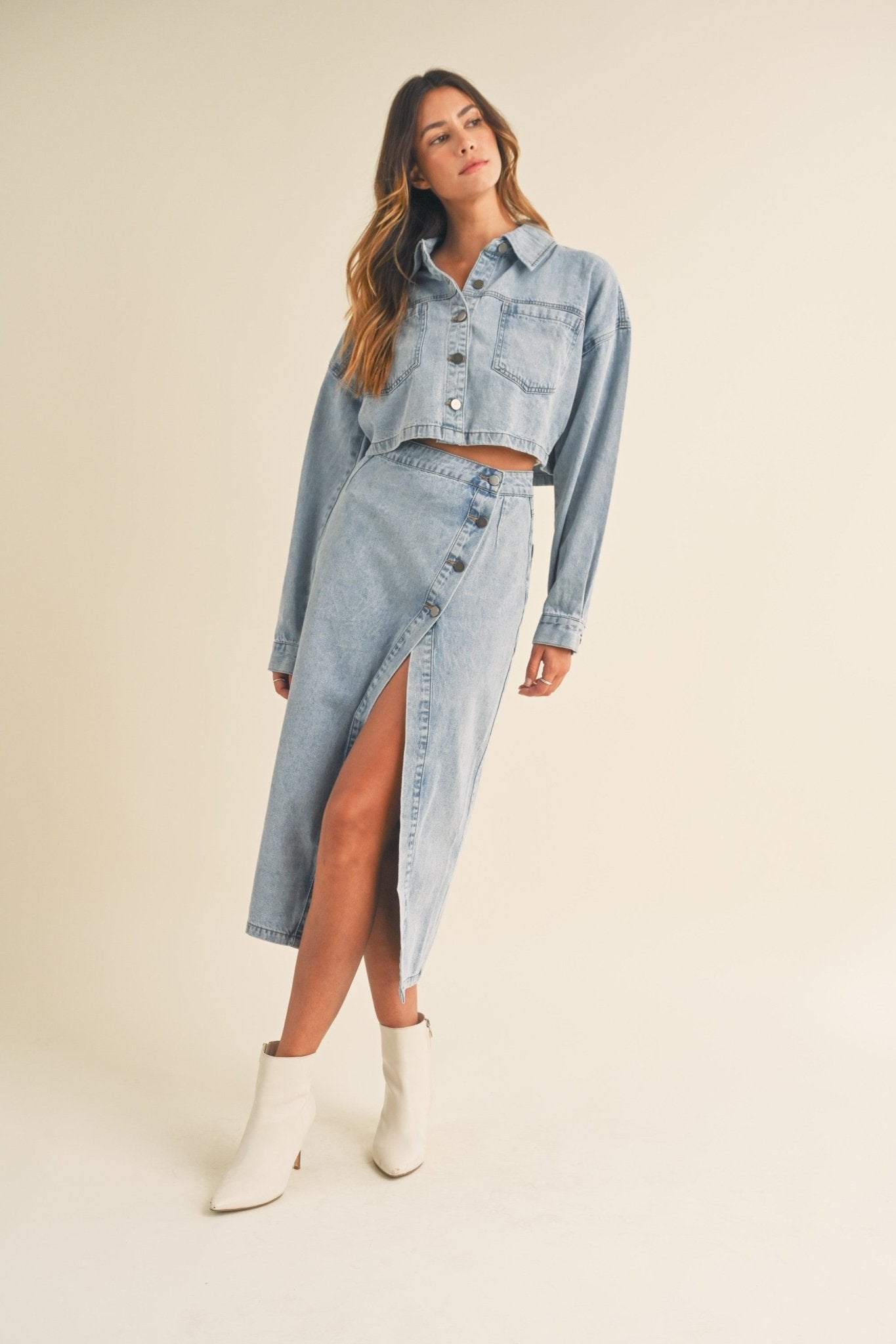 Denim Button Down Crop Jacket and Slit Skirt Set - Styled by Ashley Brooke