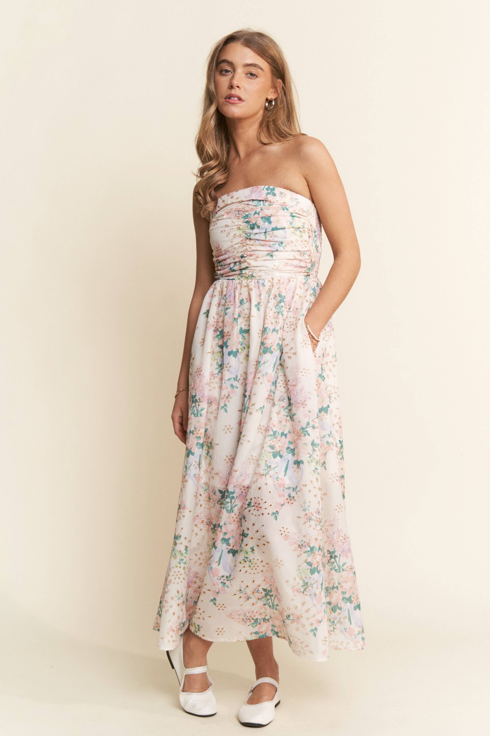 Floral Eyelet Ruched Strapless Midi Dress - Styled by Ashley Brooke