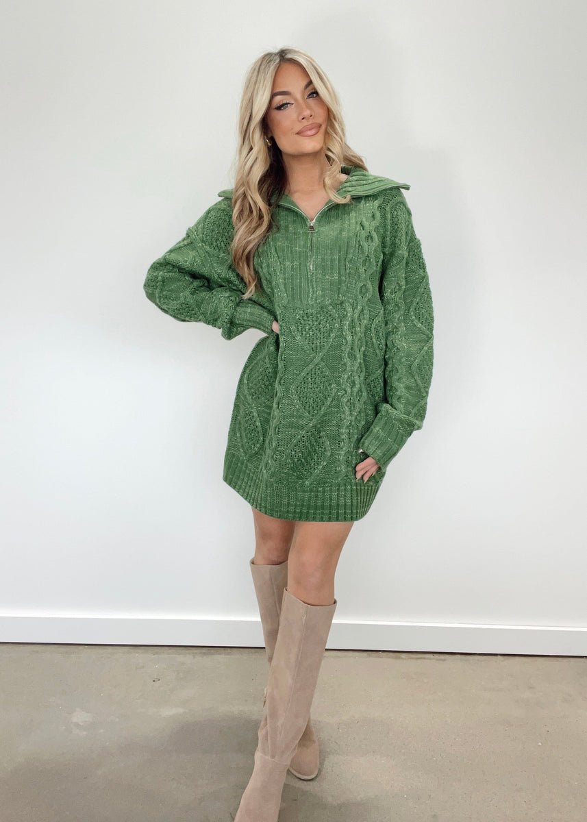 Green Quarter Zip Sweater Dress - Styled by Ashley Brooke