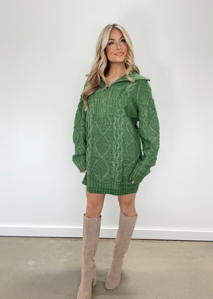 Green Quarter Zip Sweater Dress - Styled by Ashley Brooke