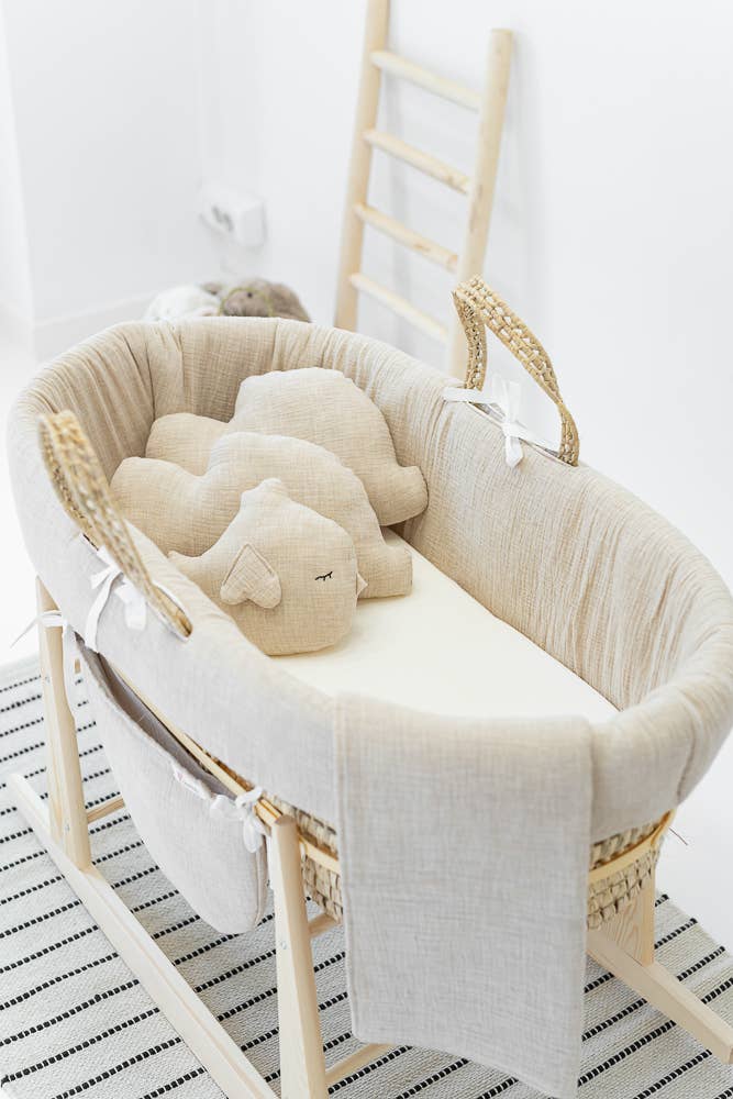 Hand Made In Spain: Neutral Baby Bassinet With Stand And Accessories - Styled by Ashley Brooke