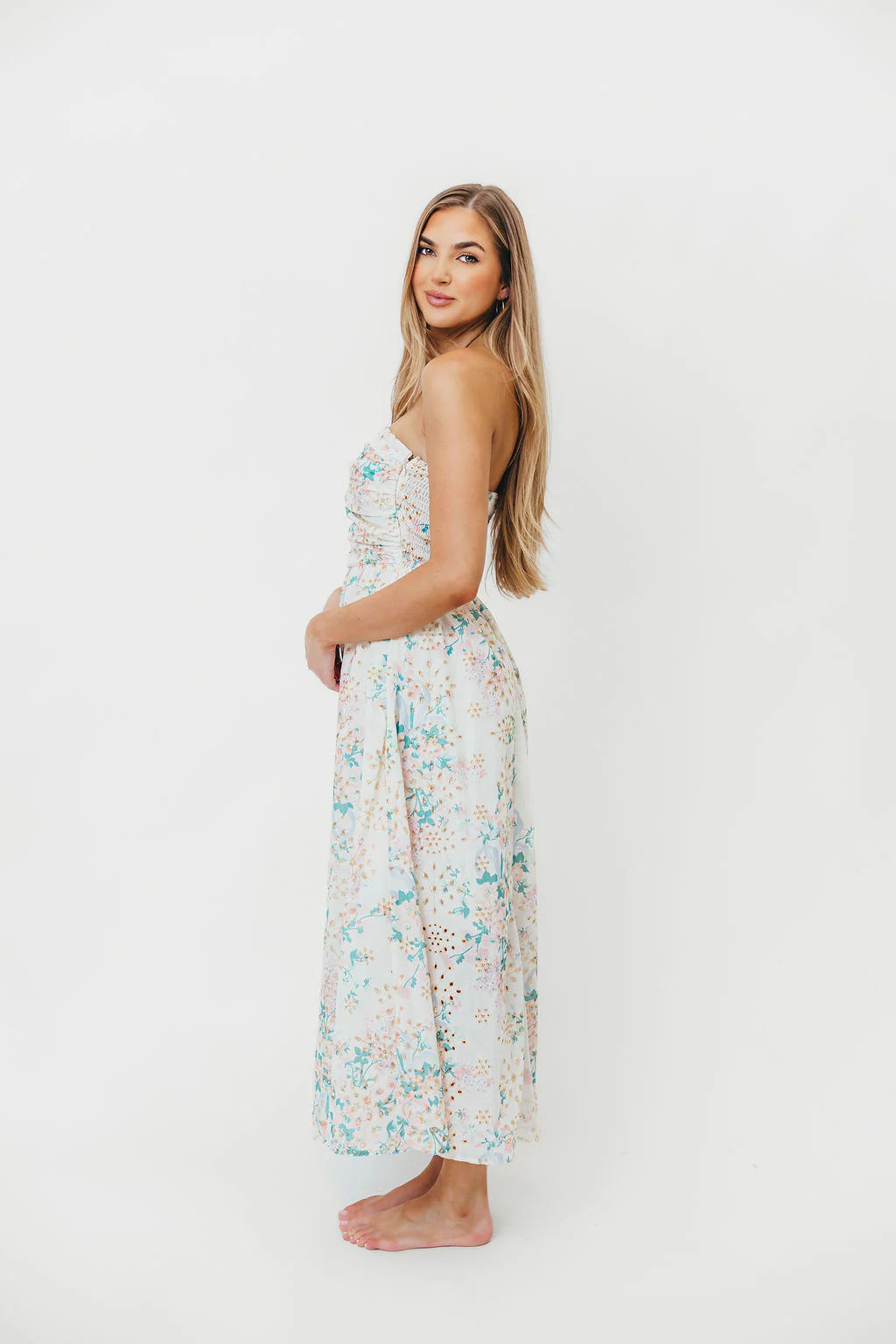 Floral Eyelet Ruched Strapless Midi Dress - Styled by Ashley Brooke