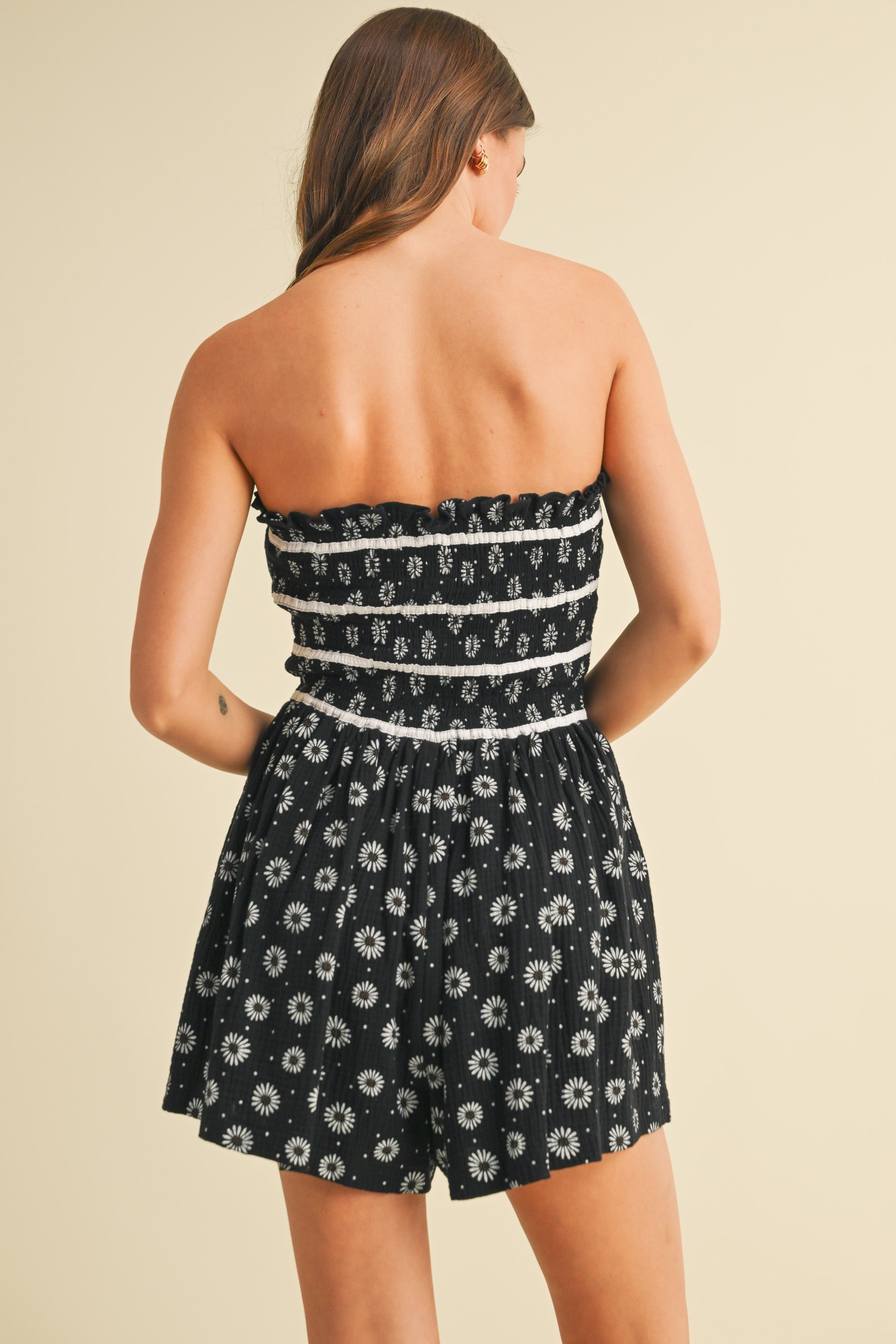 Black Floral Ruffled Smocking Romper - Styled by Ashley Brooke