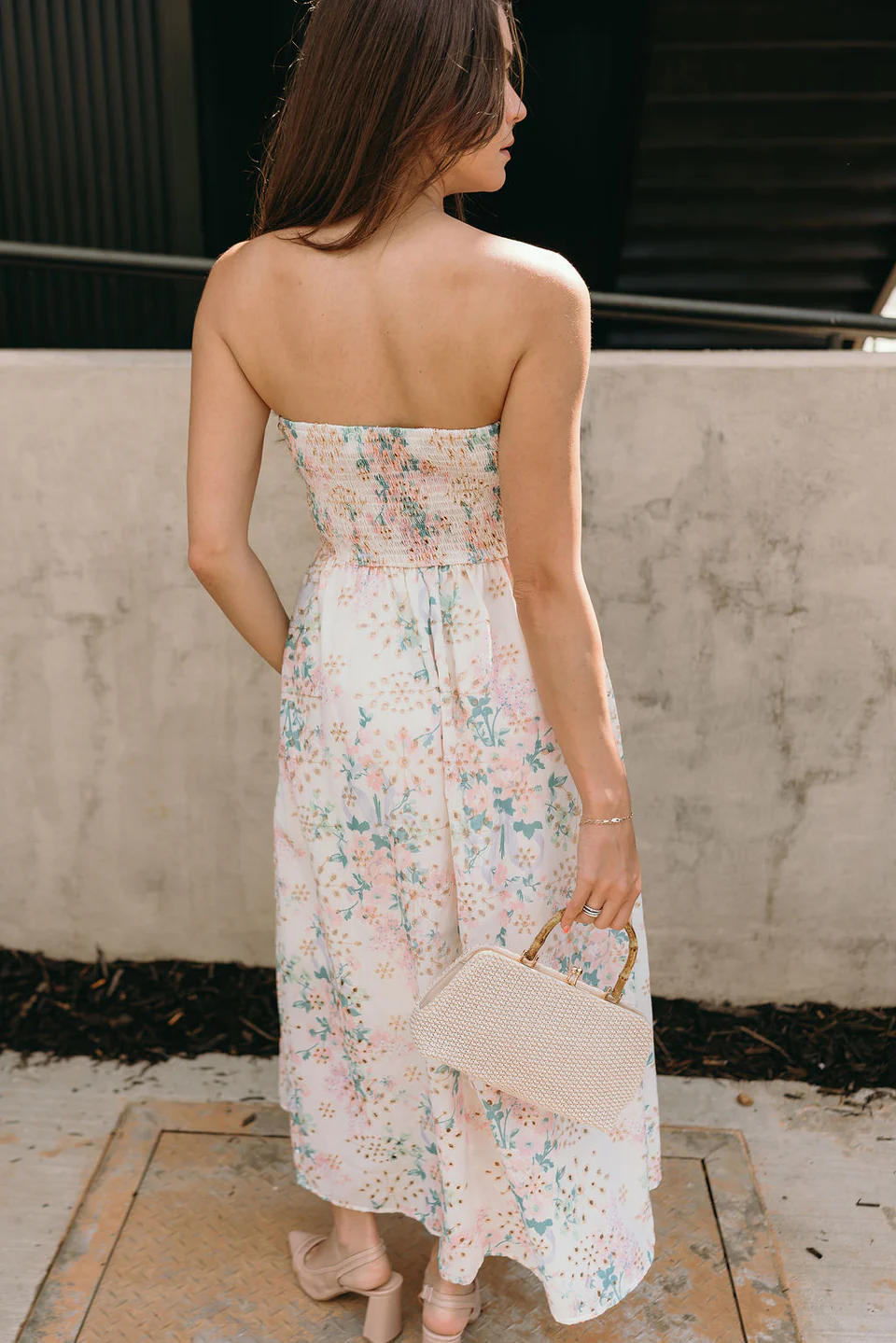 Floral Eyelet Ruched Strapless Midi Dress - Styled by Ashley Brooke
