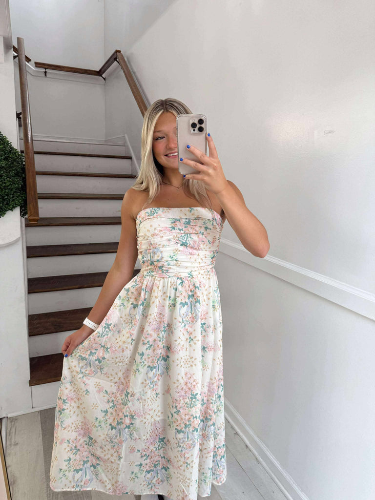 Floral Eyelet Ruched Strapless Midi Dress - Styled by Ashley Brooke