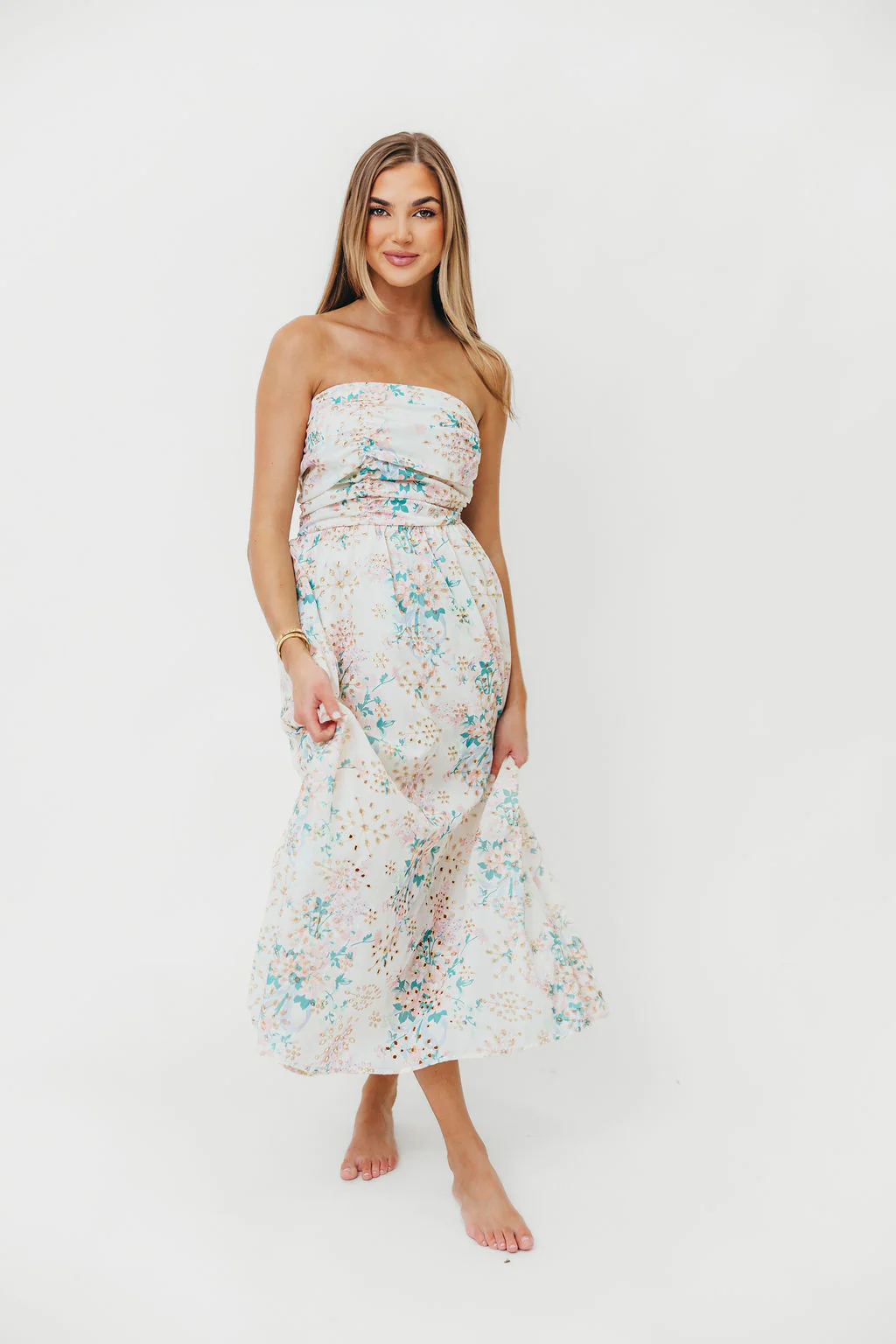 Floral Eyelet Ruched Strapless Midi Dress - Styled by Ashley Brooke