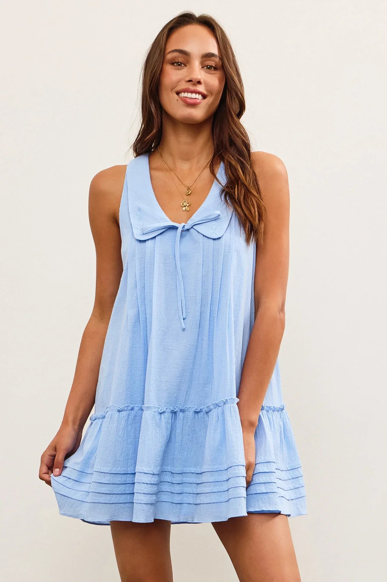 Light Blue Peter Pan Collar Ruffle Hem Dress - Styled by Ashley Brooke