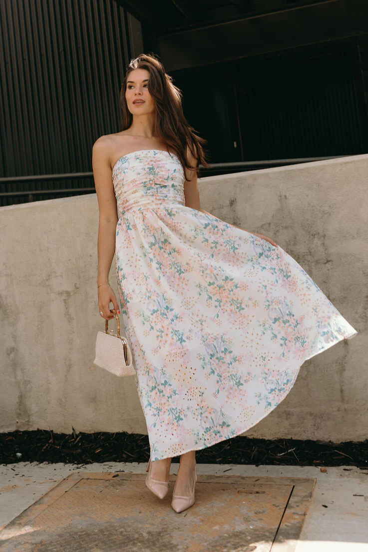 Floral Eyelet Ruched Strapless Midi Dress - Styled by Ashley Brooke