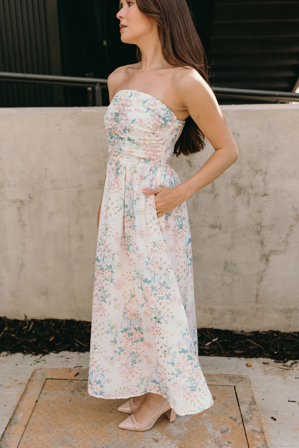 Floral Eyelet Ruched Strapless Midi Dress - Styled by Ashley Brooke