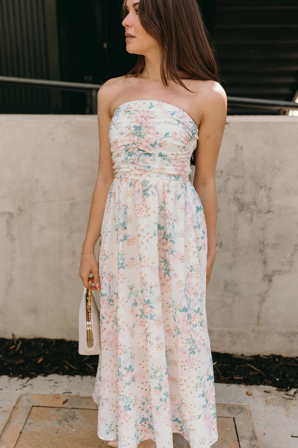 Floral Eyelet Ruched Strapless Midi Dress - Styled by Ashley Brooke