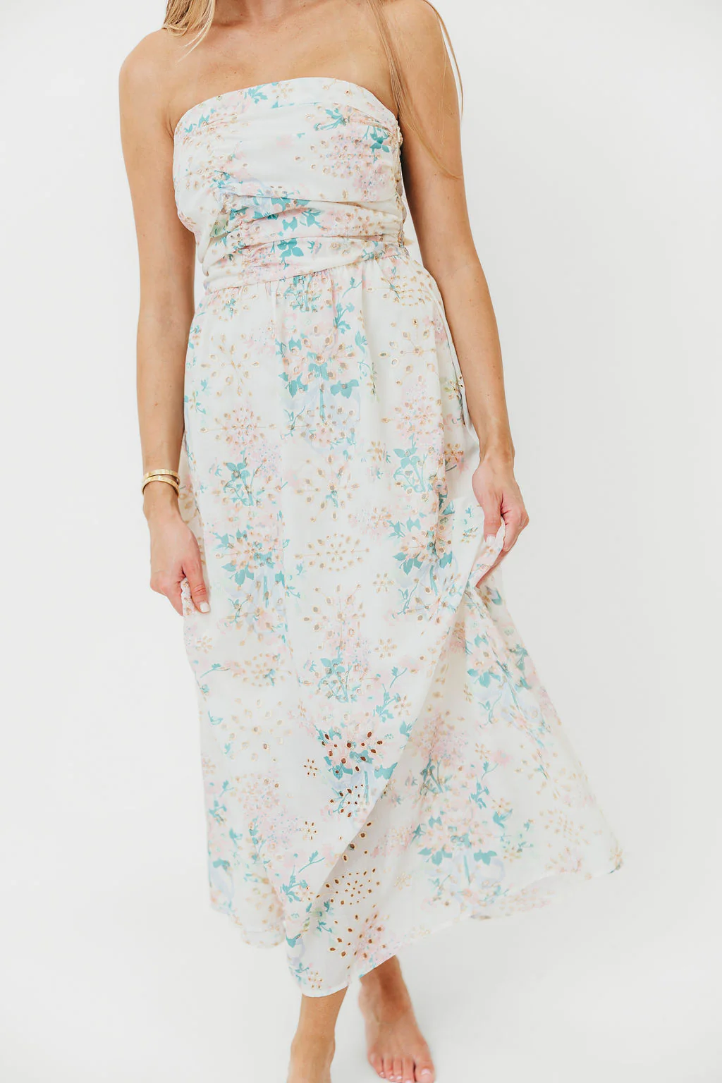 Floral Eyelet Ruched Strapless Midi Dress - Styled by Ashley Brooke
