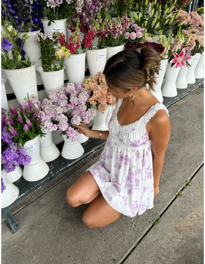 Lavender Floral Print Ruffle Lace Trim Mini Dress - Styled by Ashley Brooke