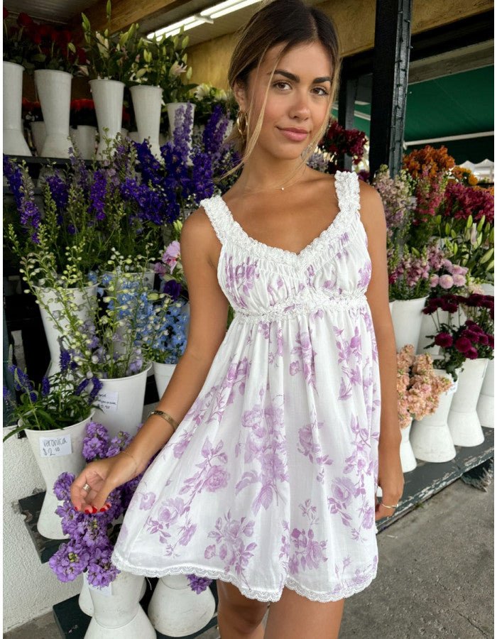 Lavender Floral Print Ruffle Lace Trim Mini Dress - Styled by Ashley Brooke