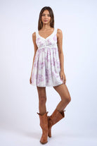 Lavender Floral Print Ruffle Lace Trim Mini Dress - Styled by Ashley Brooke