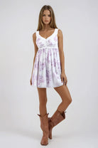 Lavender Floral Print Ruffle Lace Trim Mini Dress - Styled by Ashley Brooke