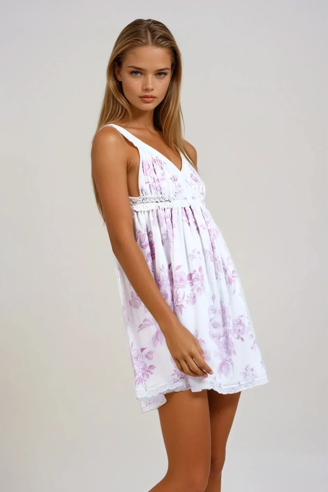 Lavender Floral Mini Dress - Lace Trim Ruffle V-Neck Cotton Dress | Styled by Ashley Brooke Small Lavender Floral Mini Dress - Lace Trim Ruffle V-Neck Cotton Dress | Styled by Ashley Brooke Small