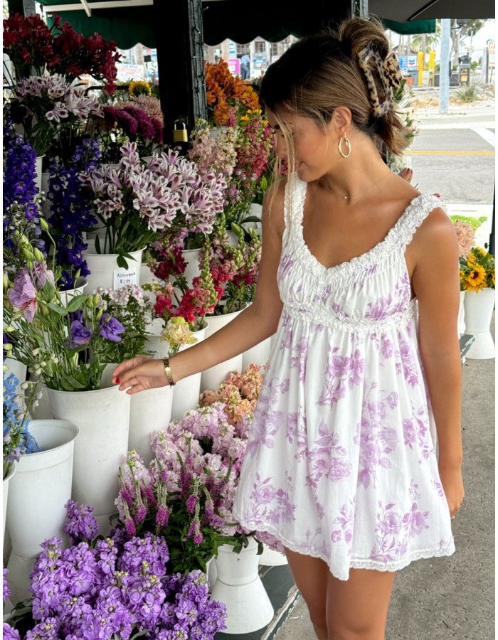 Newfall Lavender Floral Print Ruffle Lace Trim Mini Dress Small