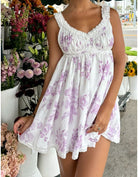 Lavender Floral Print Ruffle Lace Trim Mini Dress - Styled by Ashley Brooke