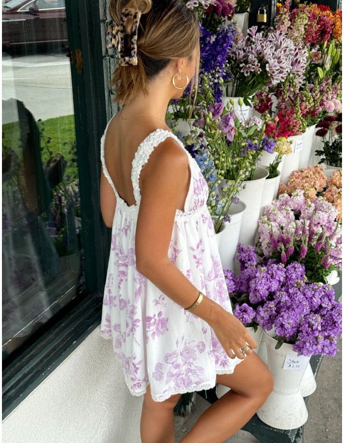 Lavender Floral Print Ruffle Lace Trim Mini Dress - Styled by Ashley Brooke