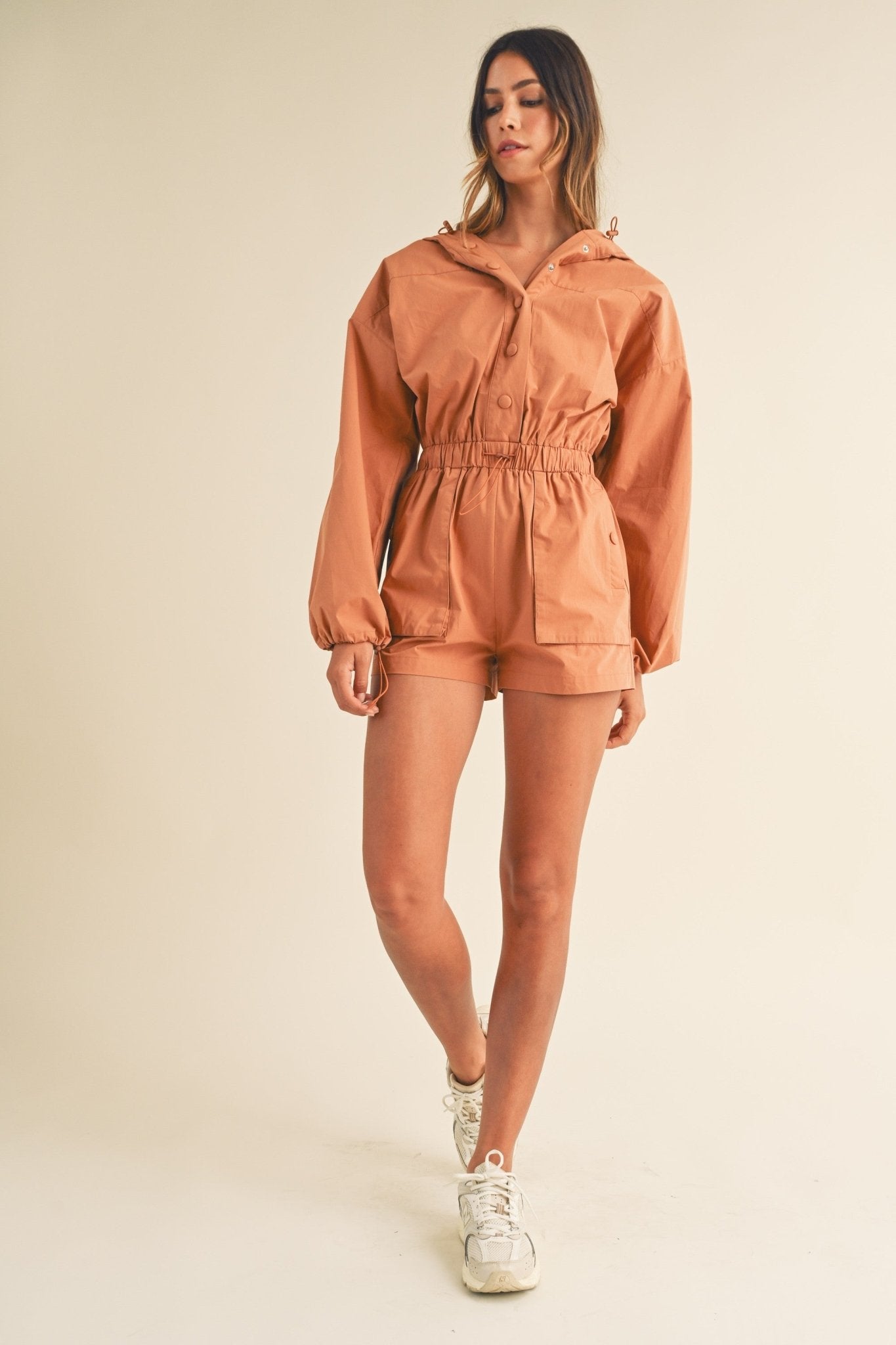 Long Sleeve Button Down Hoodie Romper - Styled by Ashley Brooke