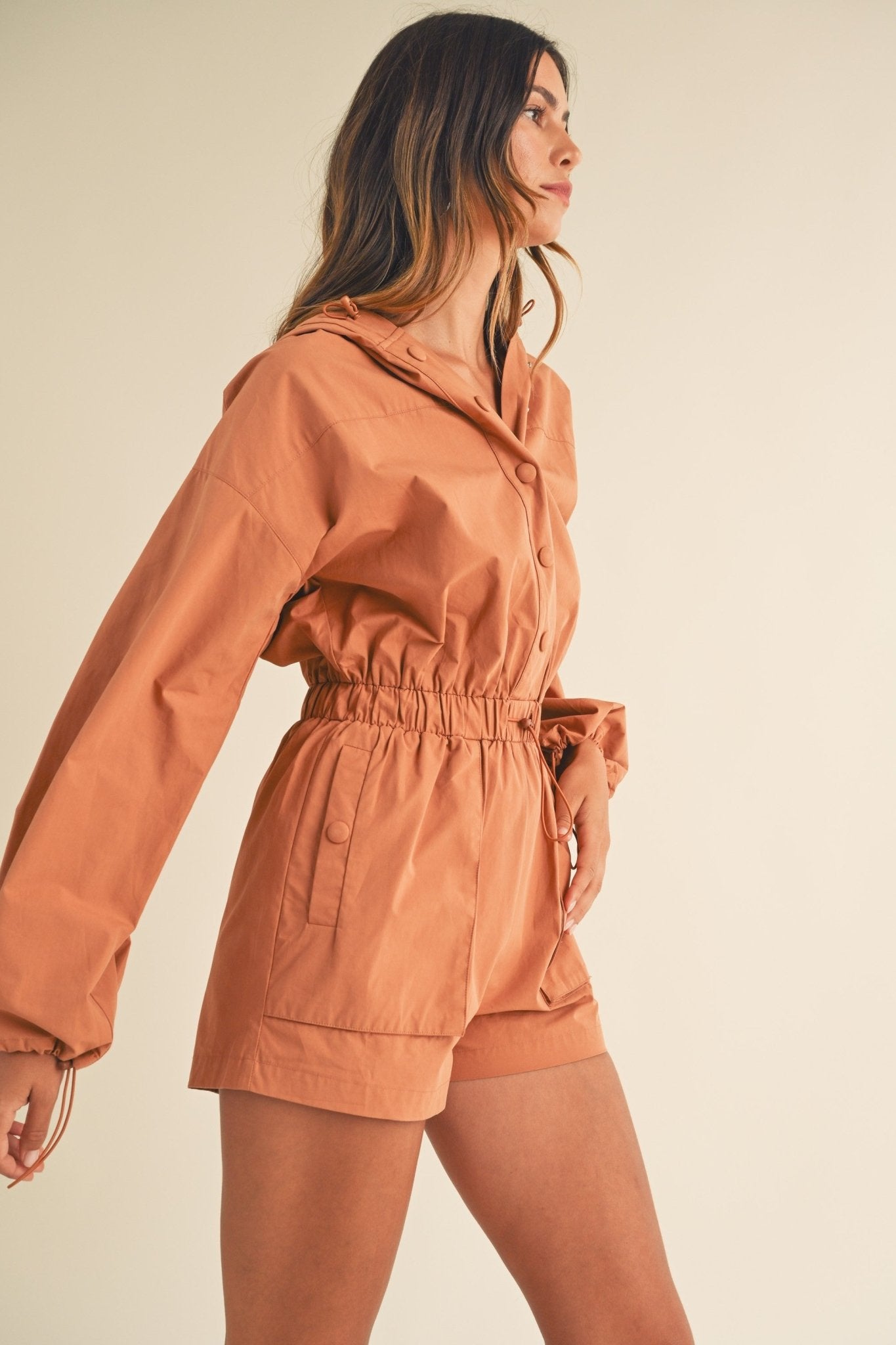 Long Sleeve Button Down Hoodie Romper - Styled by Ashley Brooke