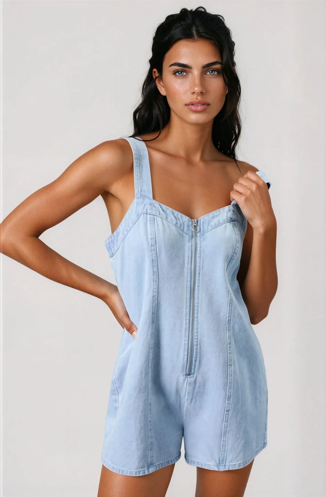 Denim Romper Women's Sleeveless Zip-Up Light Wash | Styled by