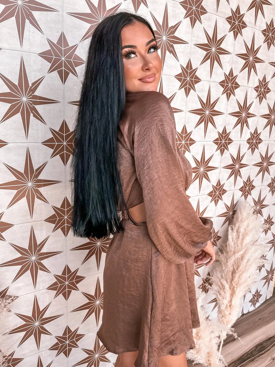 Mocha Satin Side Cut - Out Dress - Styled by Ashley Brooke