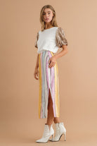 Multi Stripe Sequin Side Slit Midi Pencil Skirt - Styled by Ashley Brooke