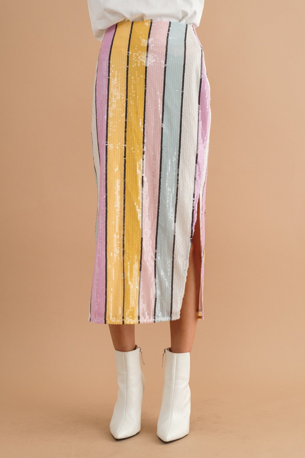 Multi Stripe Sequin Side Slit Midi Pencil Skirt - Styled by Ashley Brooke