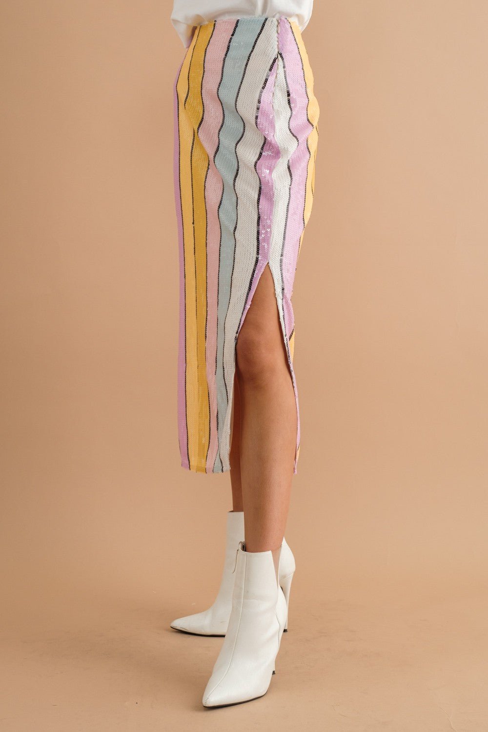 Multi Stripe Sequin Side Slit Midi Pencil Skirt - Styled by Ashley Brooke