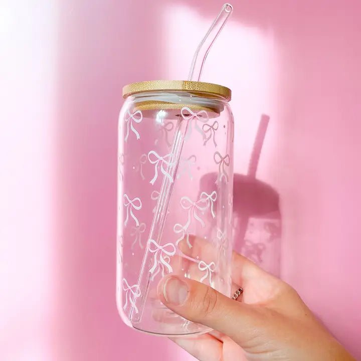 Pink Bow Latte Glass with Lid & Straw - Styled by Ashley Brooke