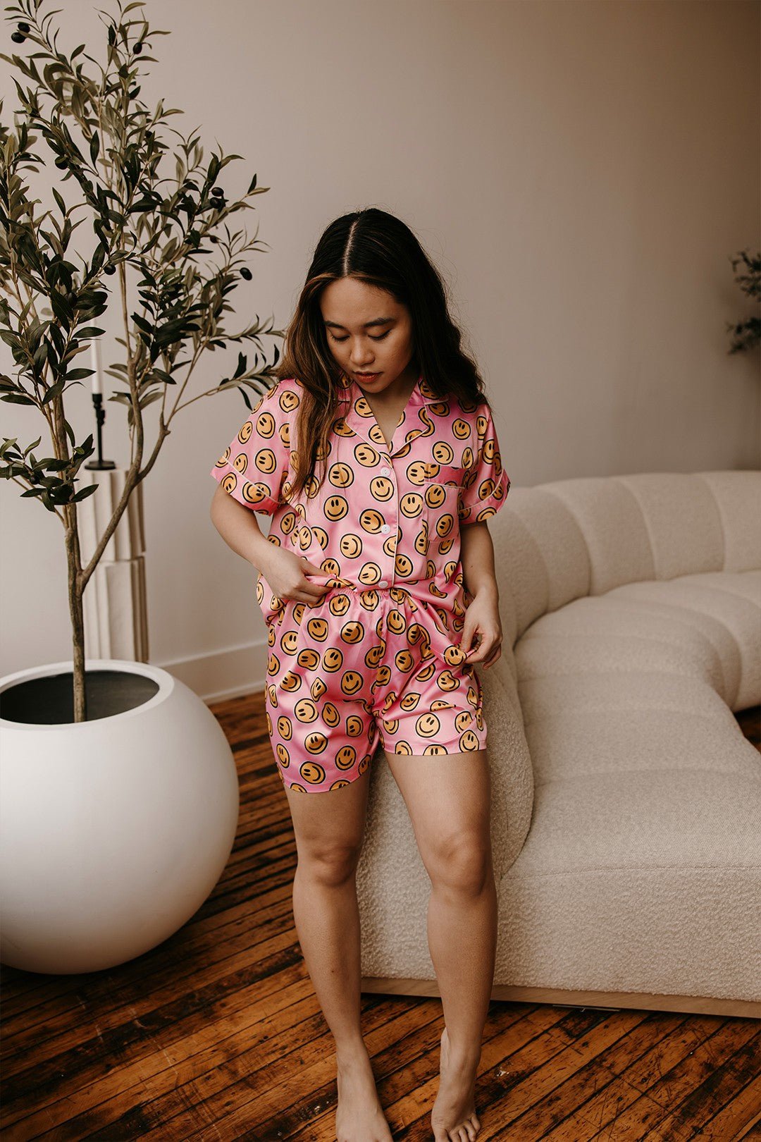Pink Smiley Face Satin Pajamas Set - Styled by Ashley Brooke