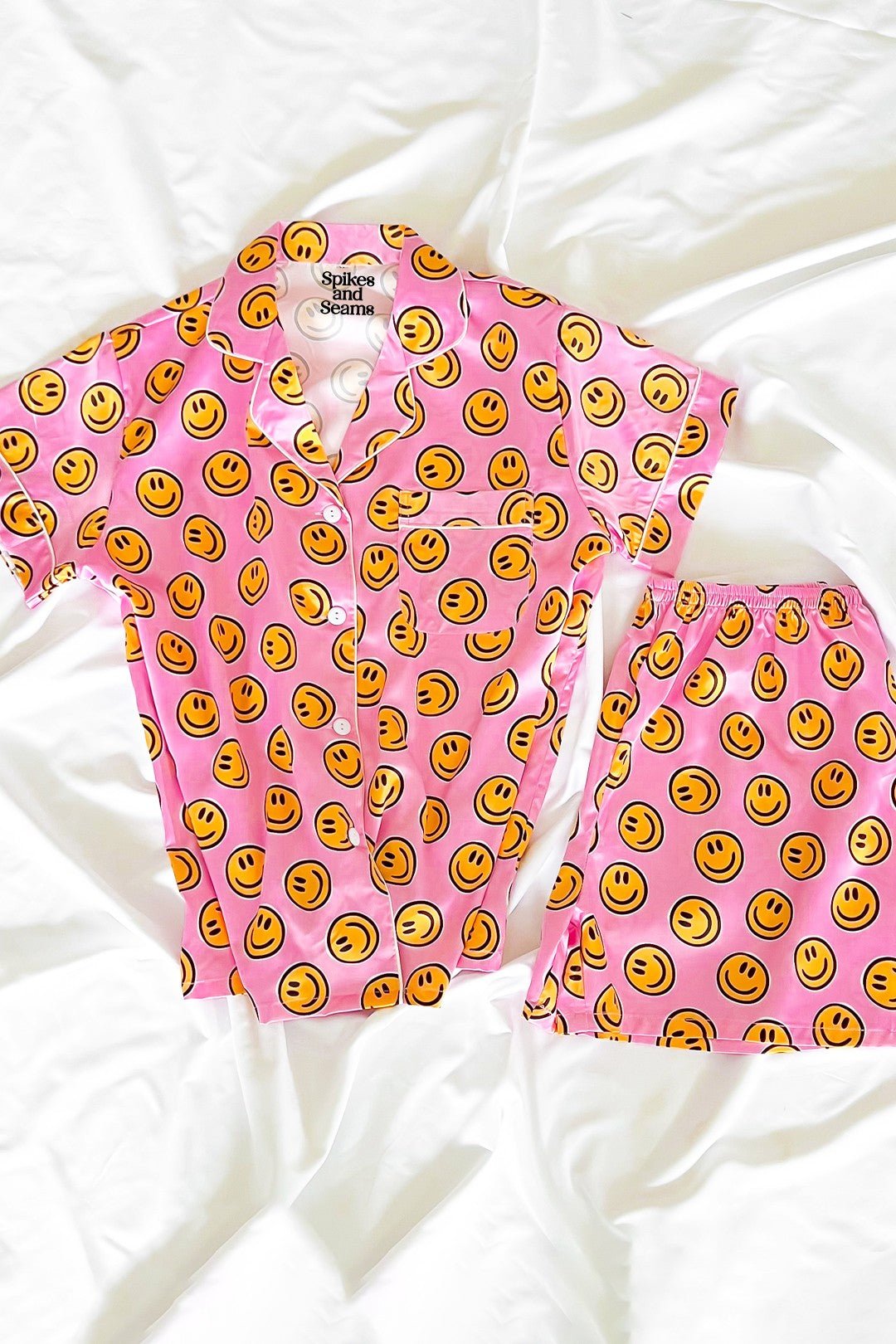 Pink Smiley Face Satin Pajamas Set - Styled by Ashley Brooke