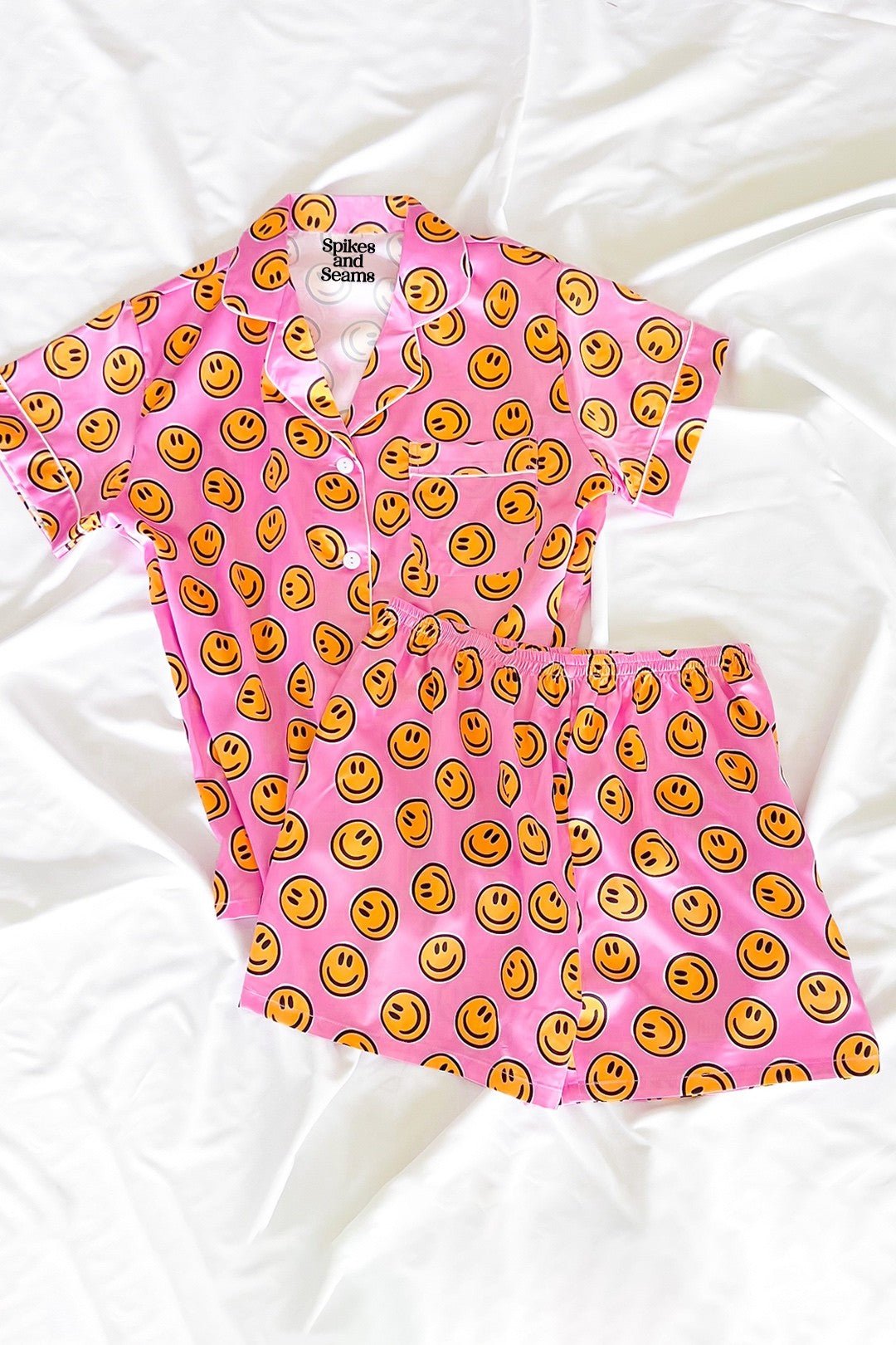 Pink Smiley Face Satin Pajamas Set - Styled by Ashley Brooke