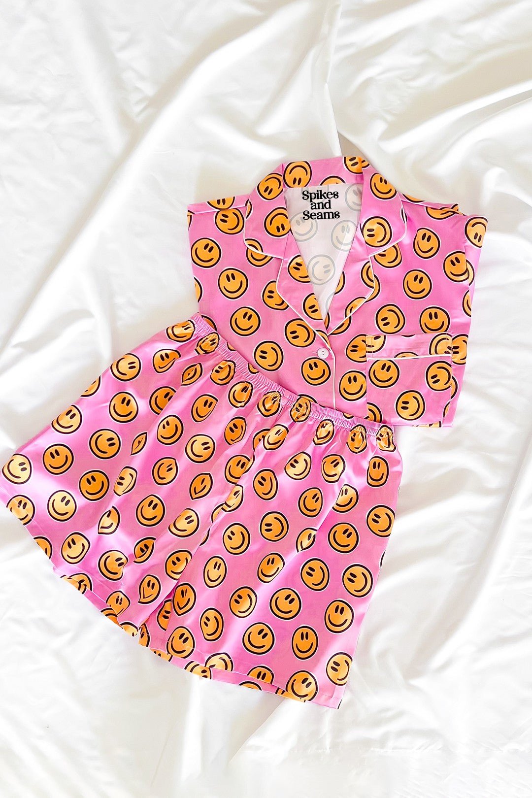 Pink Smiley Face Satin Pajamas Set - Styled by Ashley Brooke