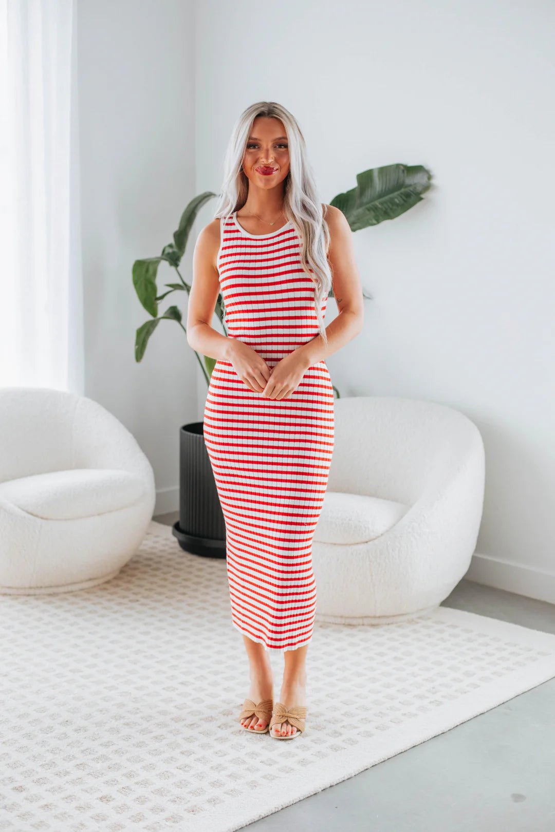 Red and White Striped Midi Dress - Styled by Ashley Brooke