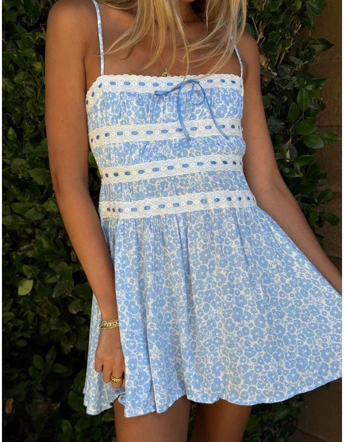 Ribbon Lace Detail Mini Dress in Blue - Floral Print with Bow | Styled by Ashley Brooke Medium Ribbon Lace Detail Mini Dress in Blue - Floral Print with Bow | Styled by Ashley Brooke Medium