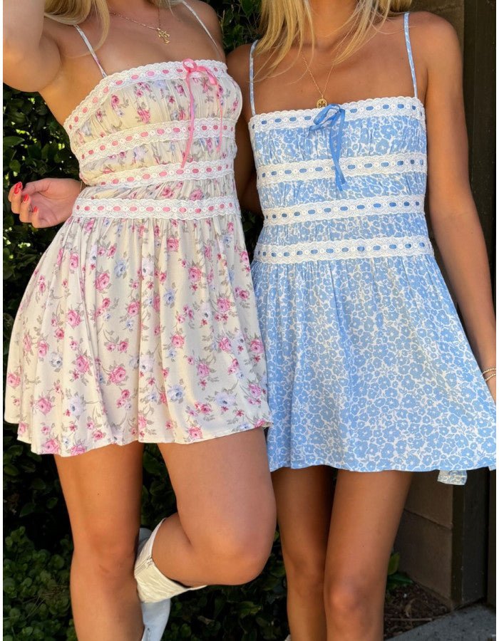 Ribbon Lace Detail Mini Dress in Blue – Styled by Ashley Brooke