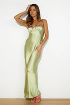 Satin Maxi Dress with Floral Lace Detail - Styled by Ashley Brooke