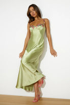 Satin Maxi Dress with Floral Lace Detail - Styled by Ashley Brooke