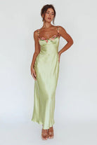 Satin Maxi Dress with Floral Lace Detail - Styled by Ashley Brooke