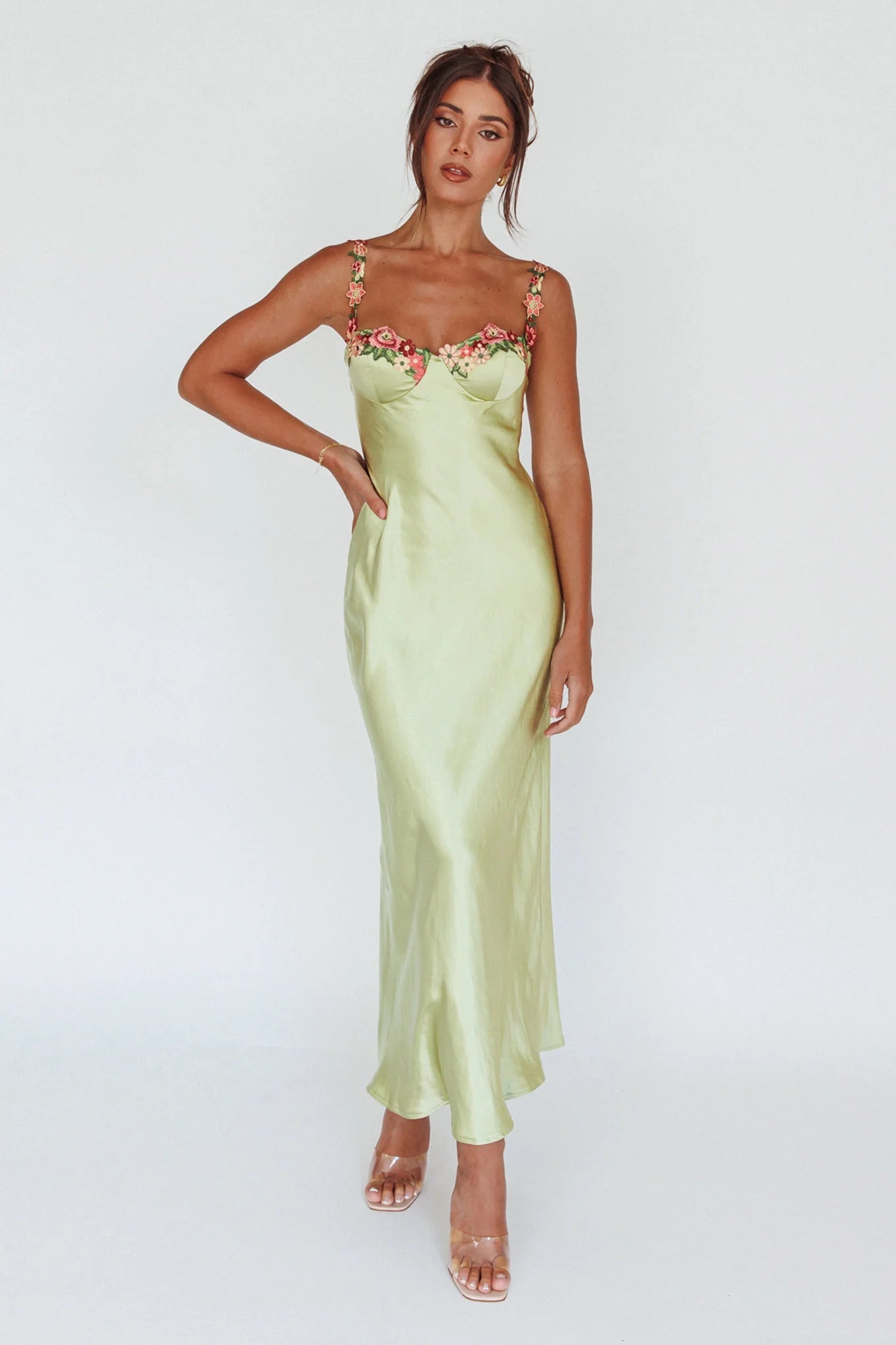 Satin Maxi Dress with Floral Lace Detail - Styled by Ashley Brooke