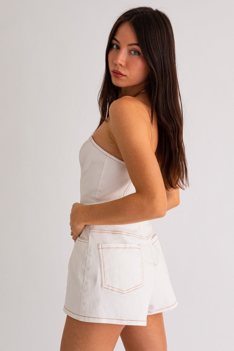 Strapless White Denim Romper - Styled by Ashley Brooke