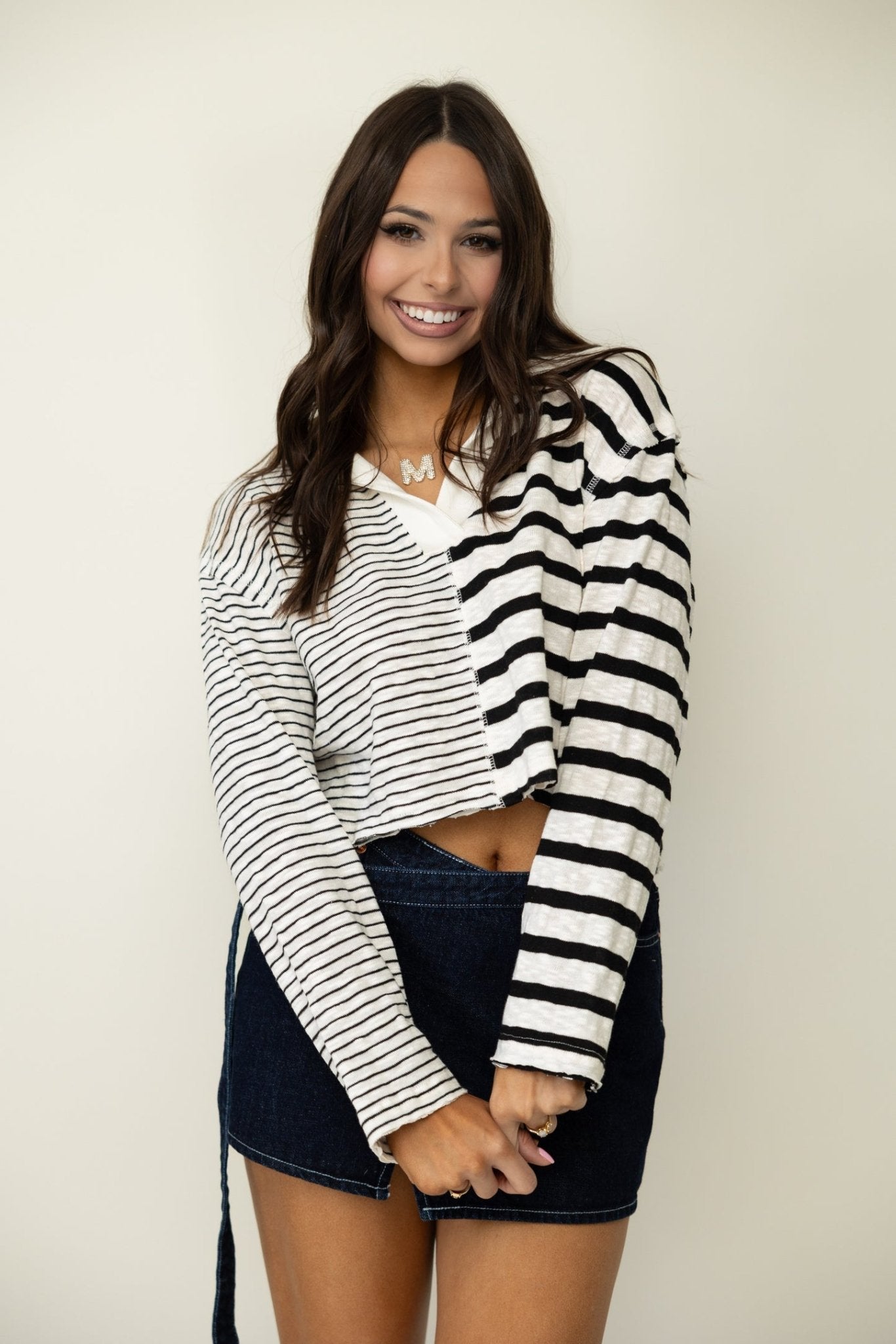 V - Neck Contrast Striped Top - Styled by Ashley Brooke