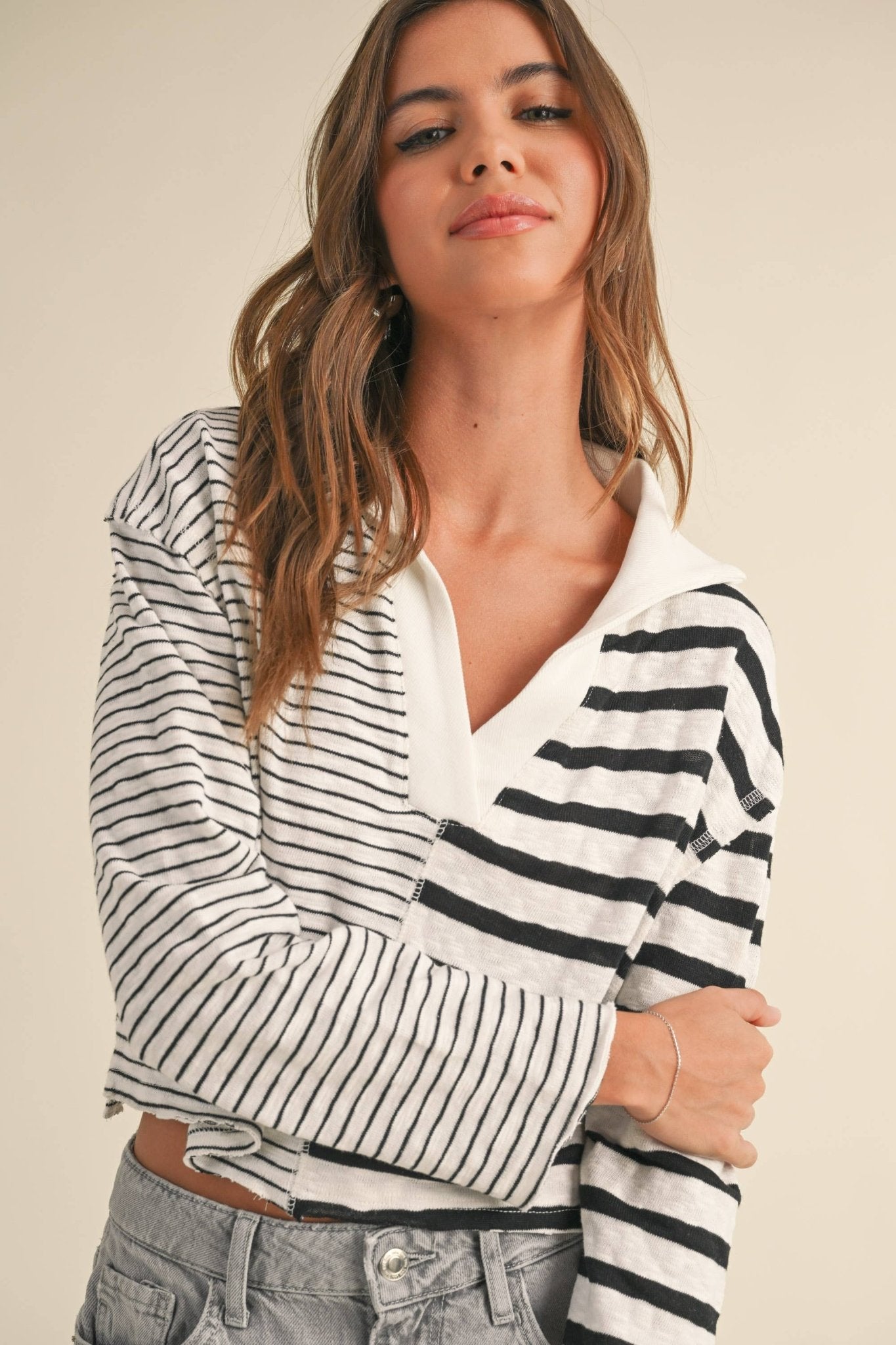 V - Neck Contrast Striped Top - Styled by Ashley Brooke