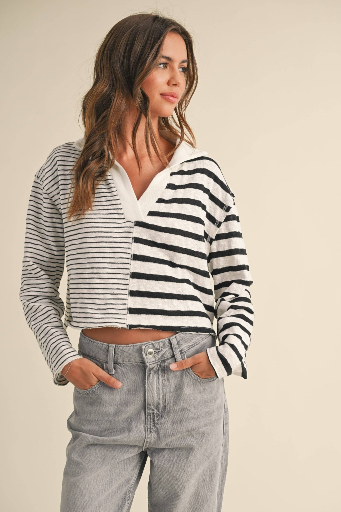 V - Neck Contrast Striped Top - Styled by Ashley Brooke