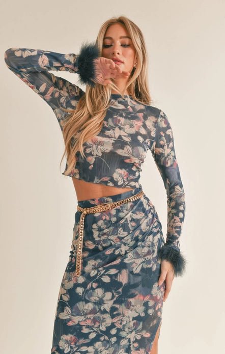 Vegan Feather Trim Floral Print Long Sleeve Top - Styled by Ashley Brooke